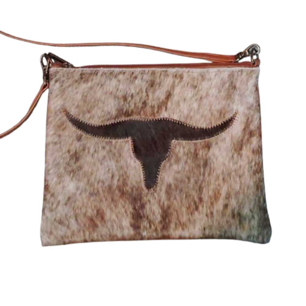 Faux Leather & Fur Crossbody Shoulder Bag Purse with Longhorn Steer Design Brown